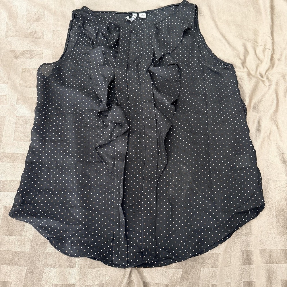 ELLE Blouse Womens S Black Polka Dot Ruffle Front Sleeveless Chiffon Top